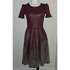 LulaRoe Elegant Amelia Burgundy Silver Foil Fit Flare Dress Pockets Size Small